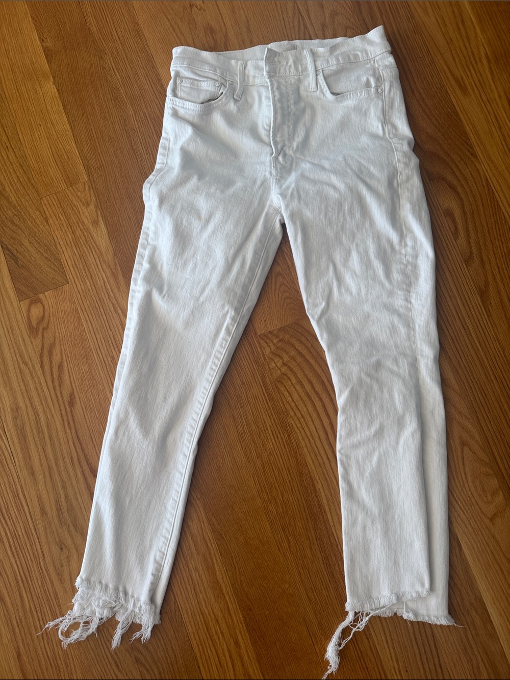 MOTHER White Skinny Jeans with Distressed Frayed Hems